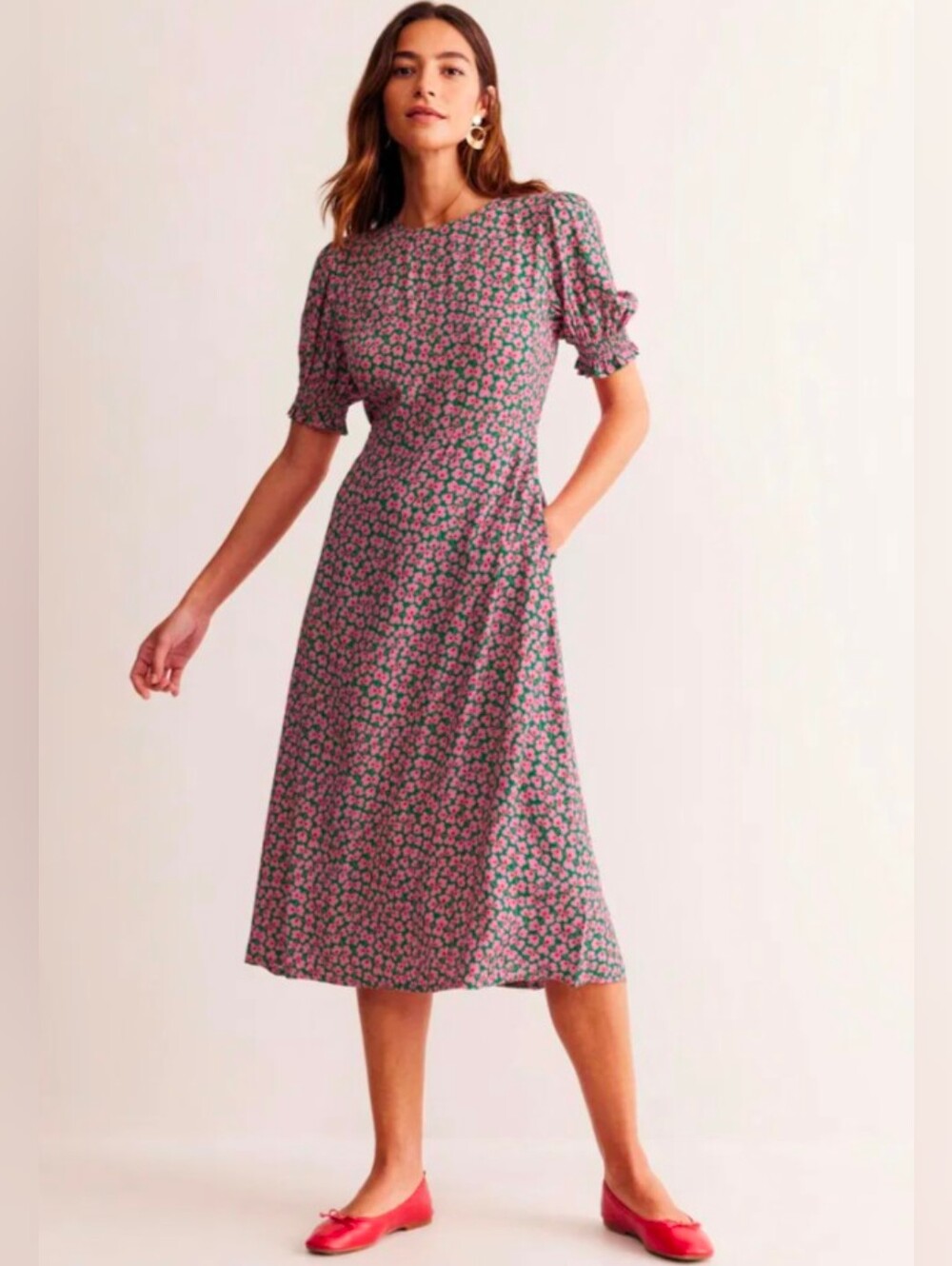 Boden Corinne Floral Midi Dress Pink Green Bias Cut Short Sleeve Size 10R